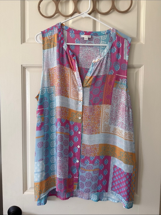 J. Jill Tops - J. Jill Sleeveless Button-Front Patchwork Print Top in Pink, Blue & Gold